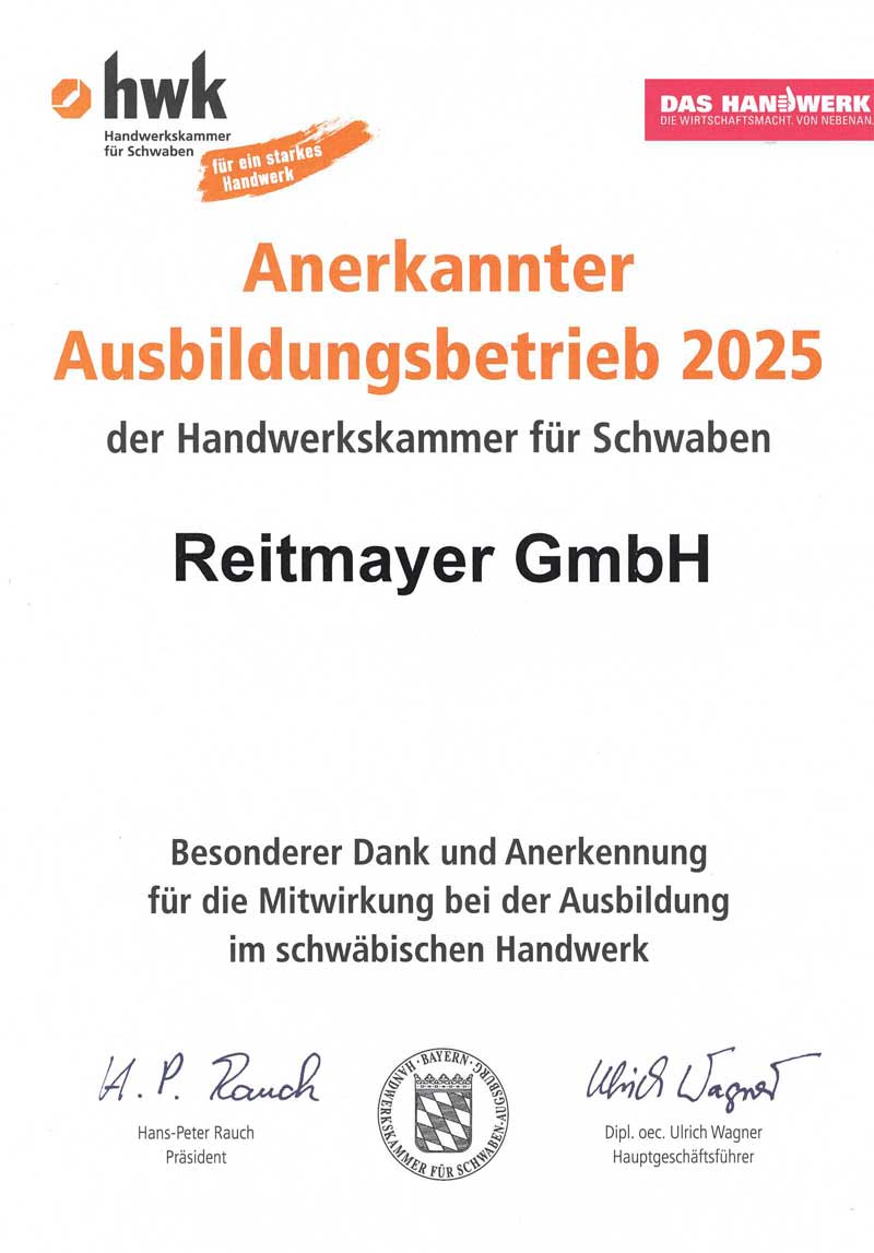 Zertifikat zum anerkannter Ausbildungsbetrieb